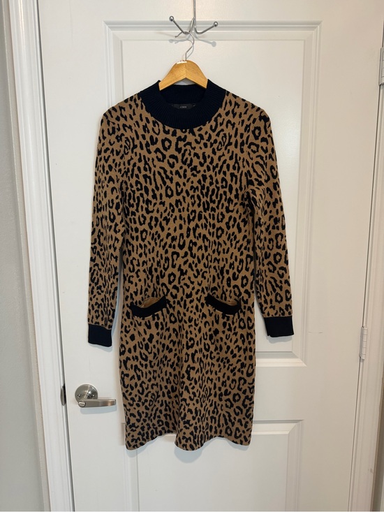 J. Crew Factory Dresses & Skirts - J.Crew Mockneck Sweater Dress Leopard Print Small Merino Wool Pockets
